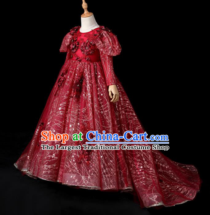 Top Children Stage Show Formal Clothing Girl Catwalks Wine Red Evening Dress Christmas Princess Fashion Garment