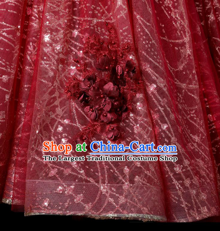 Top Children Stage Show Formal Clothing Girl Catwalks Wine Red Evening Dress Christmas Princess Fashion Garment