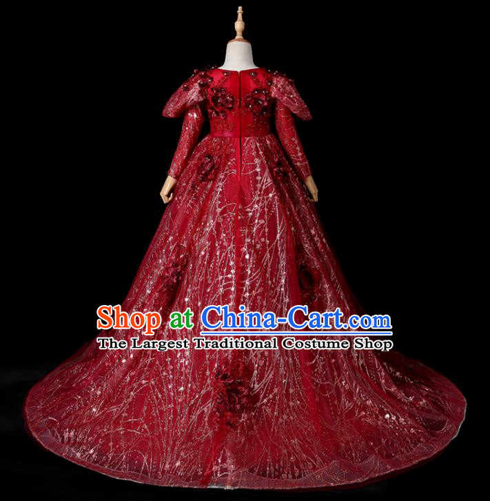 Top Children Stage Show Formal Clothing Girl Catwalks Wine Red Evening Dress Christmas Princess Fashion Garment