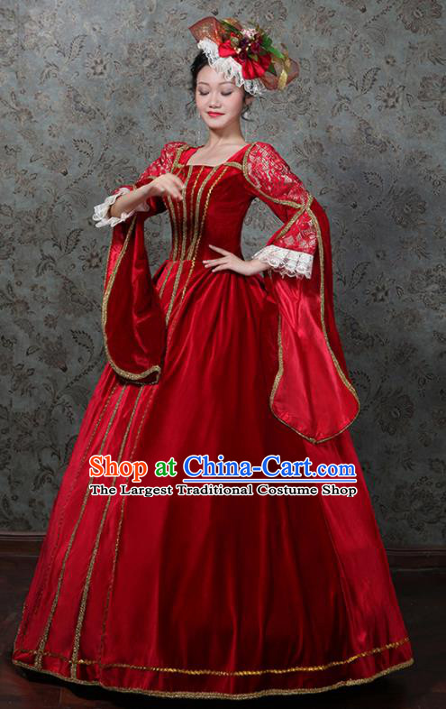Custom European Queen Red Velvet Dress Western Vintage Fashion Europe Noble Woman Clothing Catwalks Full Dress