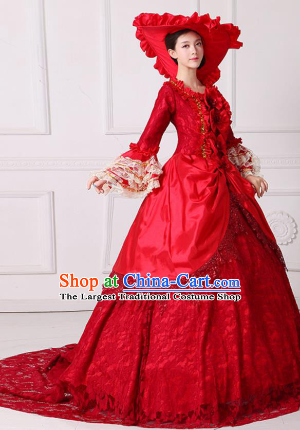 Custom Western Vintage Fashion Europe Royal Princess Clothing Catwalks Red Lace Trailing Full Dress European Queen Dress