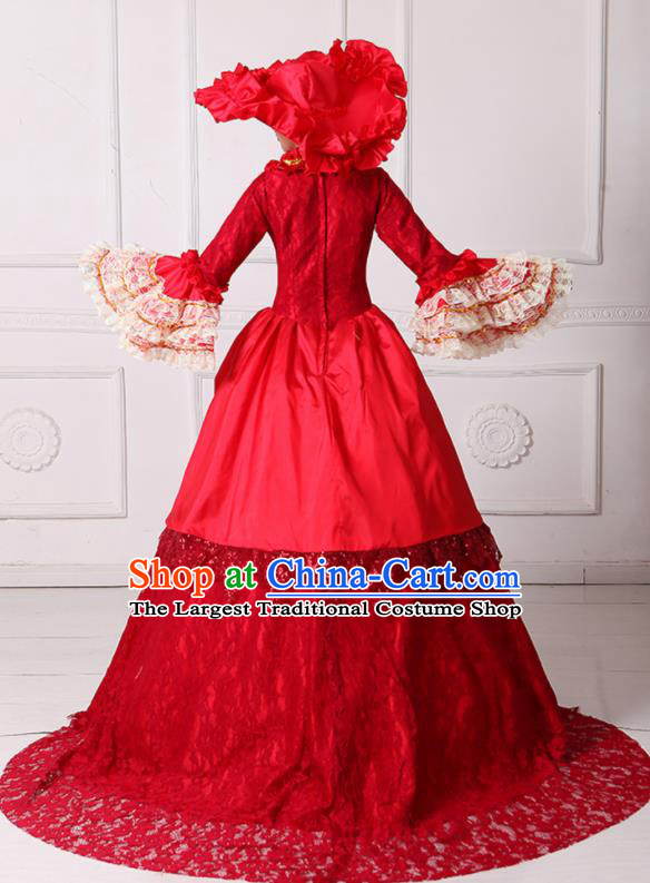 Custom Western Vintage Fashion Europe Royal Princess Clothing Catwalks Red Lace Trailing Full Dress European Queen Dress