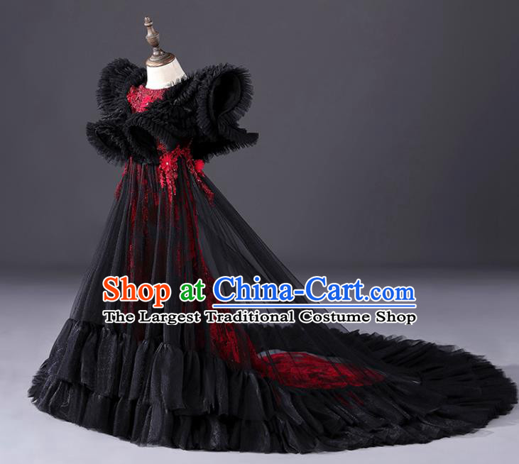 Top Christmas Gothic Princess Fashion Garment Children Stage Show Formal Clothing Girl Catwalks Black Angel Wings Evening Dress
