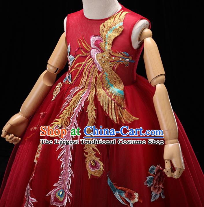 Chinese Style Red Veil Dress Stage Performance Embroidered Phoenix Clothing Children Dance Costume