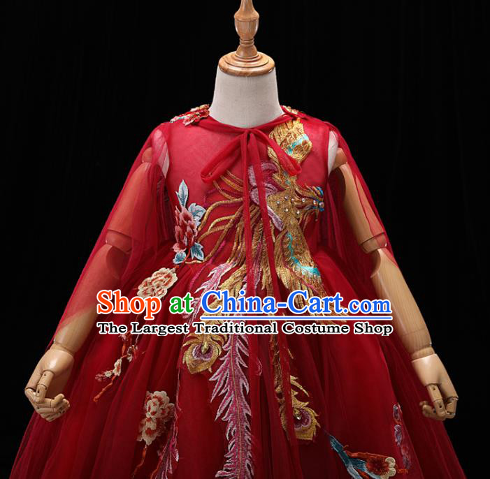 Chinese Style Red Veil Dress Stage Performance Embroidered Phoenix Clothing Children Dance Costume