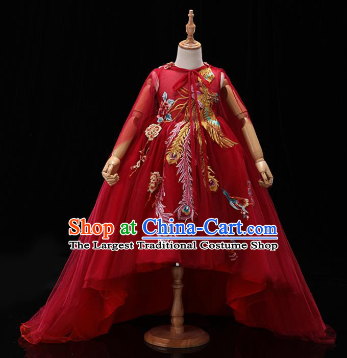 Chinese Style Red Veil Dress Stage Performance Embroidered Phoenix Clothing Children Dance Costume