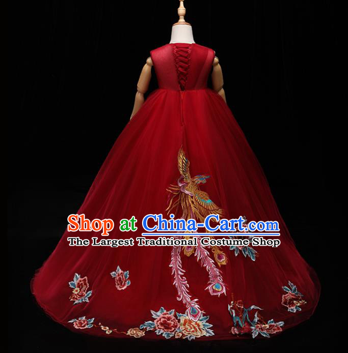 Chinese Style Red Veil Dress Stage Performance Embroidered Phoenix Clothing Children Dance Costume