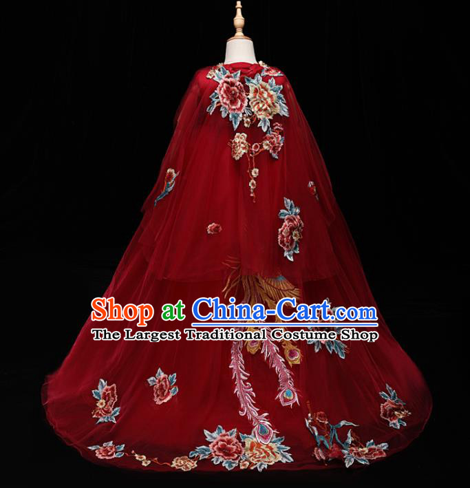 Chinese Style Red Veil Dress Stage Performance Embroidered Phoenix Clothing Children Dance Costume