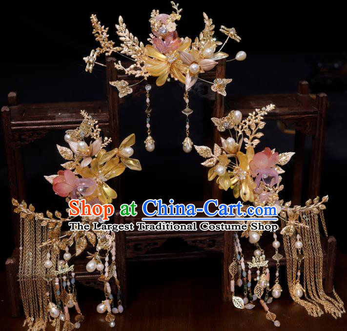 Chinese Classical Wedding Hair Accessories Ancient Bride Hair Crown and Tassel Hairpins Xiuhe Suits Headdress Handmade Headwear