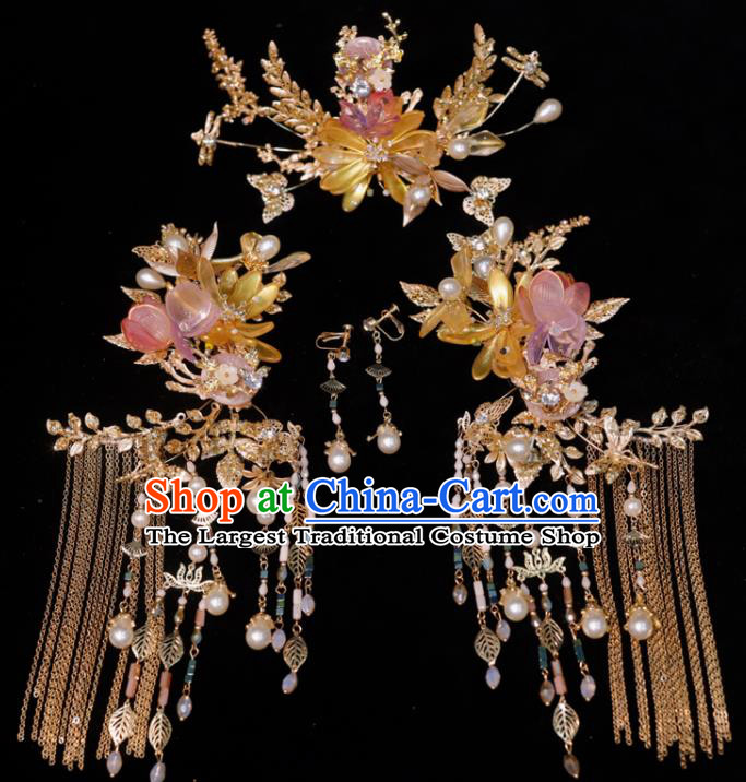 Chinese Classical Wedding Hair Accessories Ancient Bride Hair Crown and Tassel Hairpins Xiuhe Suits Headdress Handmade Headwear