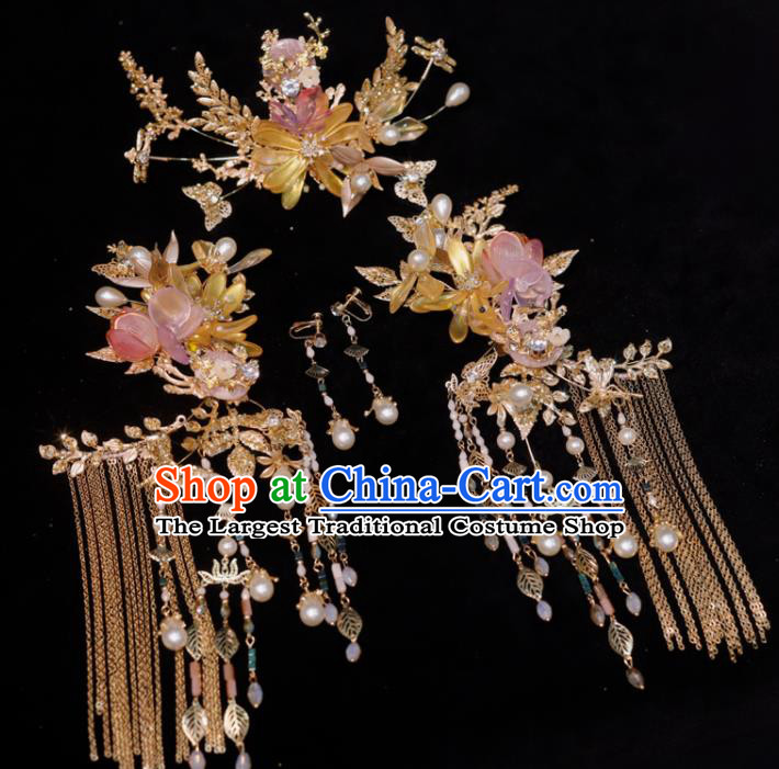 Chinese Classical Wedding Hair Accessories Ancient Bride Hair Crown and Tassel Hairpins Xiuhe Suits Headdress Handmade Headwear
