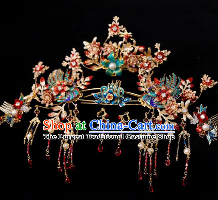 Chinese Classical Wedding Hair Accessories Xiuhe Suits Headpieces Handmade Headdress Ancient Bride Blueing Phoenix Hairpins and Hair Comb