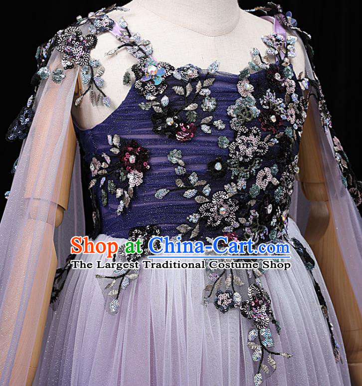 Top Christmas Princess Fashion Garment Children Stage Show Formal Clothing Girl Catwalks Purple Cape Evening Dress