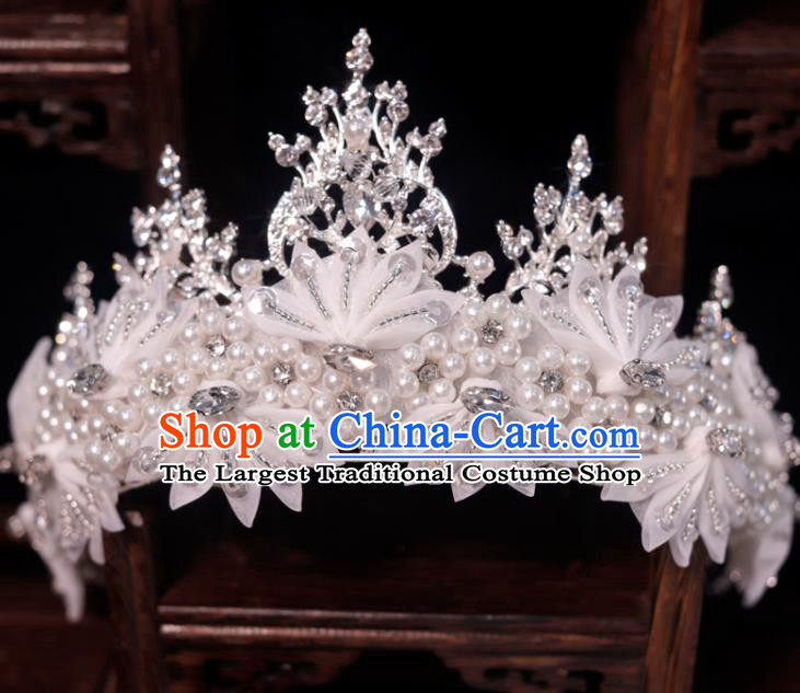 Top Grade Royal Crown Princess Hair Accessories Handmade Wedding Hair Clasp Bride White Silk Flowers Headpiece