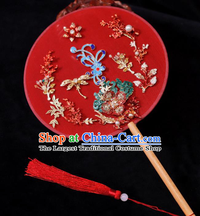 Handmade China Traditional Red Silk Fan Classical Dance Palace Fan Wedding Cloisonne Fan Ancient Bride Circular Fan