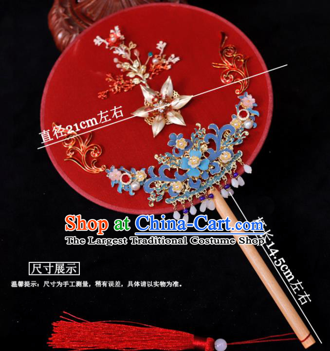 Handmade China Wedding Red Fan Ancient Bride Circular Fan Traditional Silk Fan Classical Dance Palace Fan