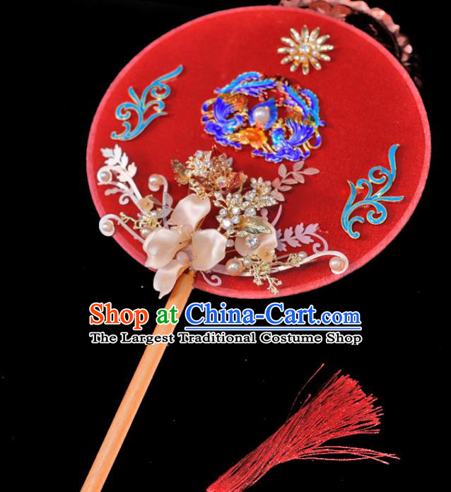 Handmade China Classical Dance Red Palace Fan Wedding Cloisonne Phoenix Fan Ancient Bride Circular Fan Traditional Silk Fan
