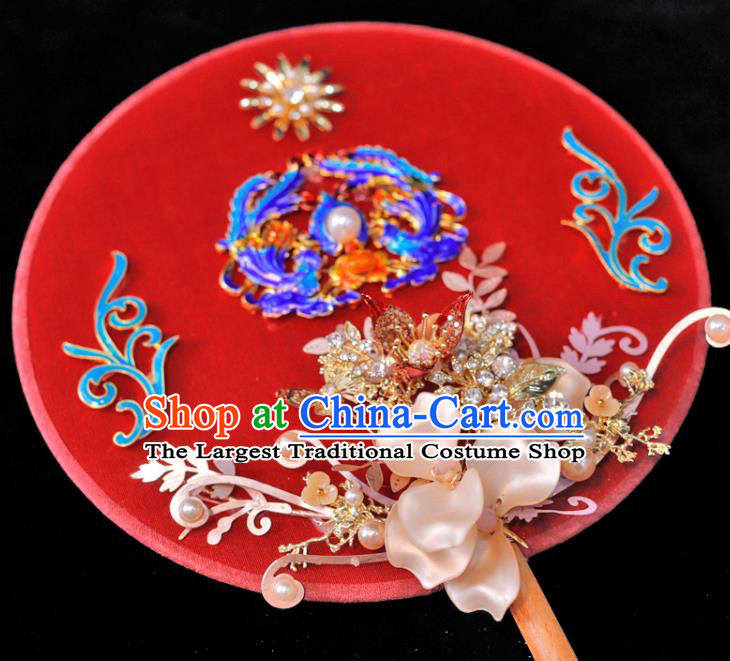 Handmade China Classical Dance Red Palace Fan Wedding Cloisonne Phoenix Fan Ancient Bride Circular Fan Traditional Silk Fan