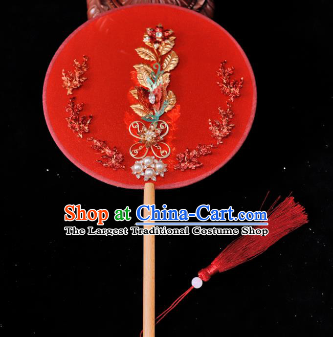 Handmade China Traditional Red Silk Fan Classical Dance Palace Fan Wedding Circular Fan Ancient Bride Fan