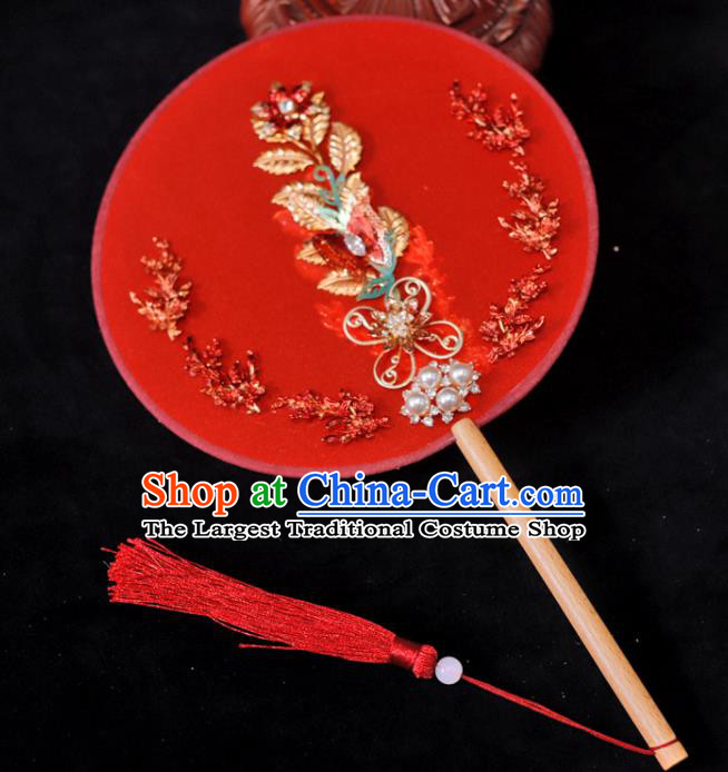 Handmade China Traditional Red Silk Fan Classical Dance Palace Fan Wedding Circular Fan Ancient Bride Fan
