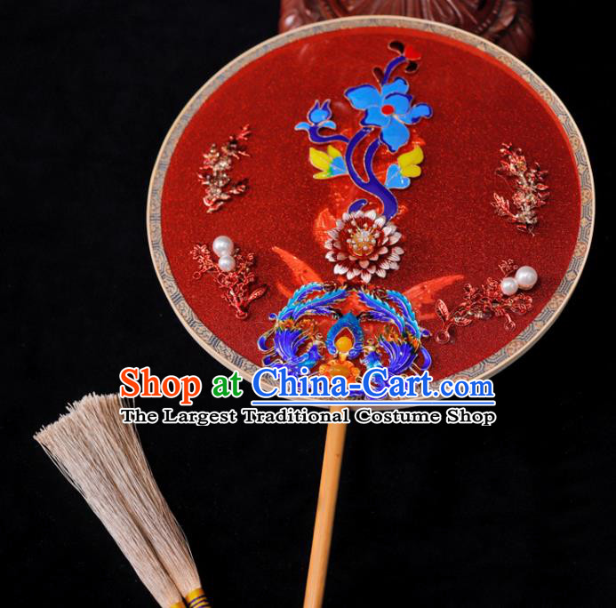 Handmade China Ancient Bride Cloisonne Phoenix Fan Traditional Red Silk Fan Classical Dance Palace Fan Wedding Circular Fan