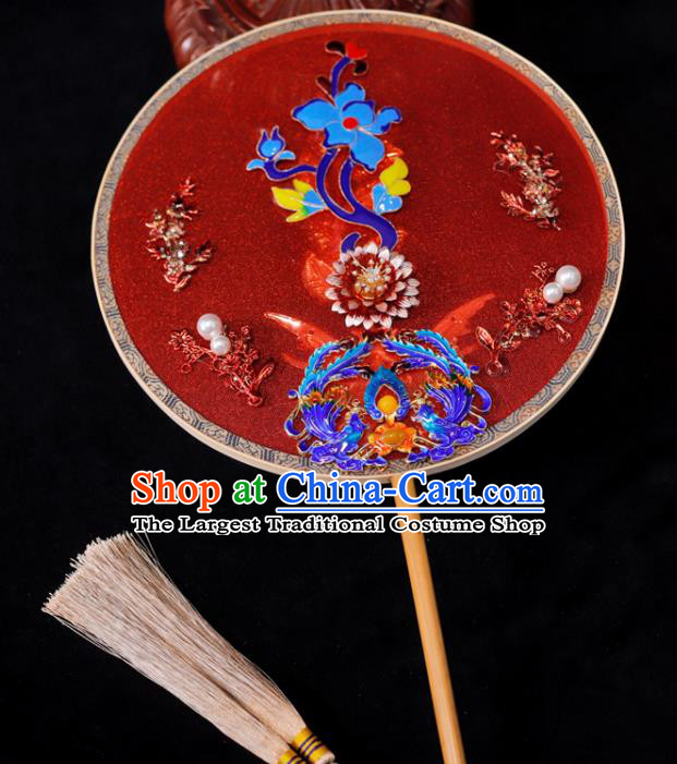 Handmade China Ancient Bride Cloisonne Phoenix Fan Traditional Red Silk Fan Classical Dance Palace Fan Wedding Circular Fan