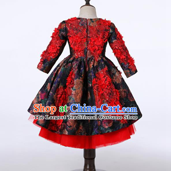 Top Girl Catwalks Red Lace Flowers Bubble Evening Dress Christmas Princess Dance Fashion Garment Children Stage Show Formal Clothing