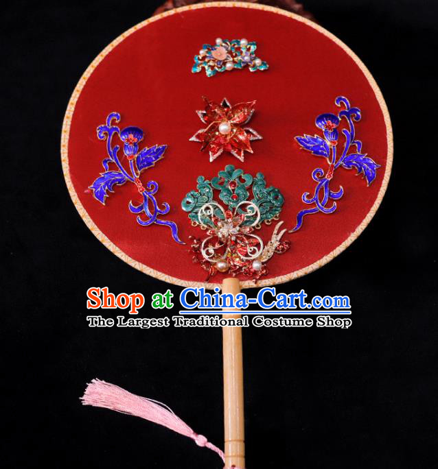 Handmade China Wedding Circular Fan Ancient Bride Cloisonne Fan Traditional Red Silk Fan Classical Dance Palace Fan