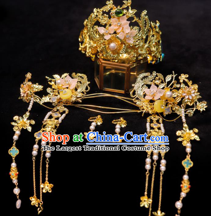 Chinese Handmade Wedding Headdress Ancient Bride Golden Hair Crown and Tassel Hairpins Classical Hair Accessories Xiuhe Suits Phoenix Coronet