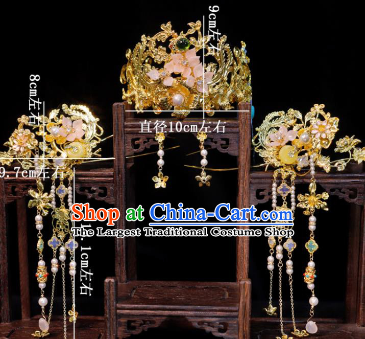 Chinese Handmade Wedding Headdress Ancient Bride Golden Hair Crown and Tassel Hairpins Classical Hair Accessories Xiuhe Suits Phoenix Coronet