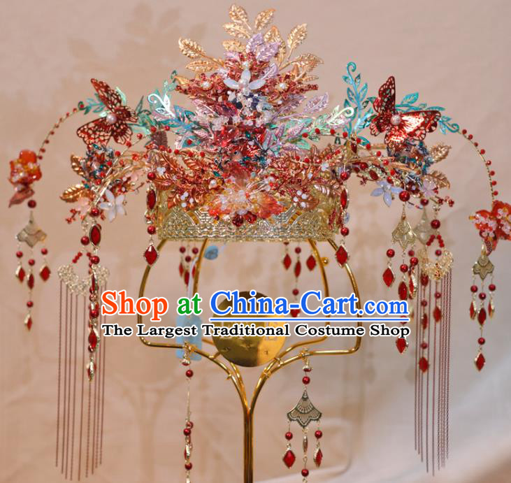Chinese Wedding Hair Accessories Classical Phoenix Coronet Handmade Xiuhe Suits Headdress Ancient Bride Red Butterfly Hair Crown