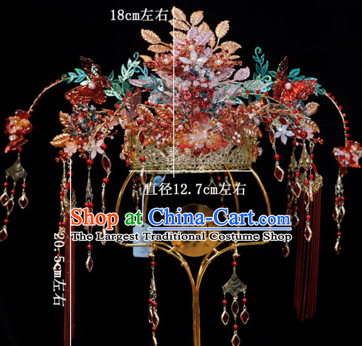 Chinese Wedding Hair Accessories Classical Phoenix Coronet Handmade Xiuhe Suits Headdress Ancient Bride Red Butterfly Hair Crown