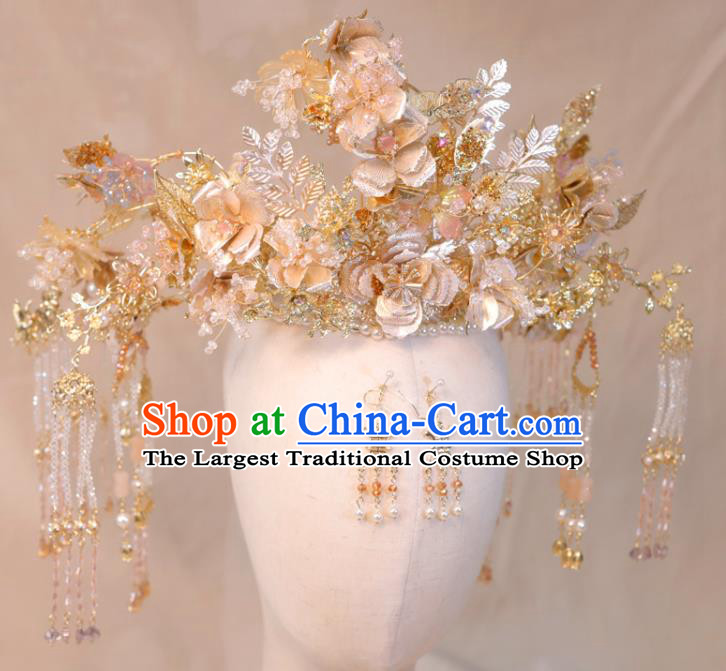 Chinese Ancient Bride Tassel Hair Crown Wedding Hair Accessories Classical Phoenix Coronet Handmade Xiuhe Suits Headdress