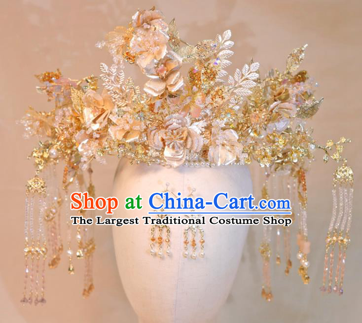 Chinese Ancient Bride Tassel Hair Crown Wedding Hair Accessories Classical Phoenix Coronet Handmade Xiuhe Suits Headdress