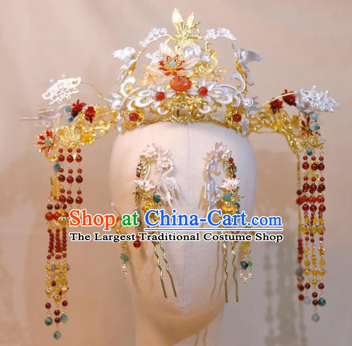 Chinese Handmade Xiuhe Suits Headdress Ancient Bride Golden Hair Crown Wedding Hair Accessories Classical Phoenix Coronet and Hairpins