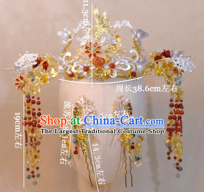 Chinese Handmade Xiuhe Suits Headdress Ancient Bride Golden Hair Crown Wedding Hair Accessories Classical Phoenix Coronet and Hairpins