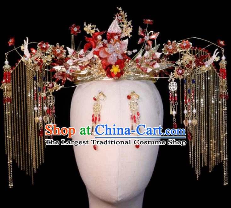 Chinese Classical Red Phoenix Coronet Handmade Xiuhe Suits Headdress Ancient Bride Golden Tassel Hair Crown Wedding Hair Accessories