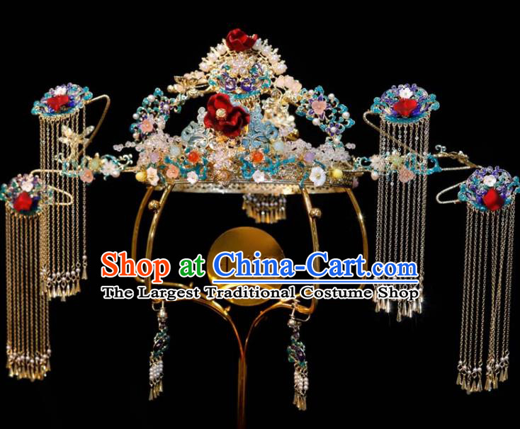 Chinese Ancient Bride Deluxe Tassel Hair Crown Wedding Cloisonne Phoenix Coronet Classical Headpieces Handmade Hair Accessories