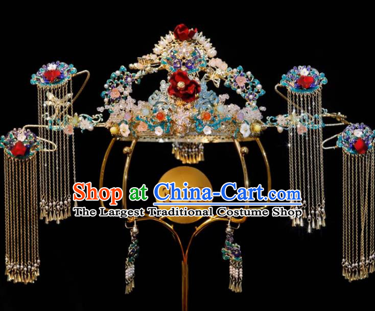 Chinese Ancient Bride Deluxe Tassel Hair Crown Wedding Cloisonne Phoenix Coronet Classical Headpieces Handmade Hair Accessories
