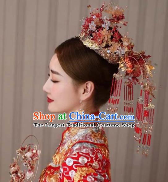 Chinese Handmade Hair Accessories Ancient Bride Red Tassel Hair Crown Wedding Phoenix Coronet Classical Headpieces
