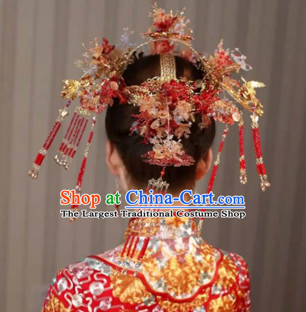 Chinese Handmade Hair Accessories Ancient Bride Red Tassel Hair Crown Wedding Phoenix Coronet Classical Headpieces