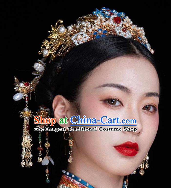 Chinese Classical Headpieces Handmade Hair Accessories Ancient Bride Hair Crown Wedding Cloisonne Phoenix Coronet and Tassel Hairpins