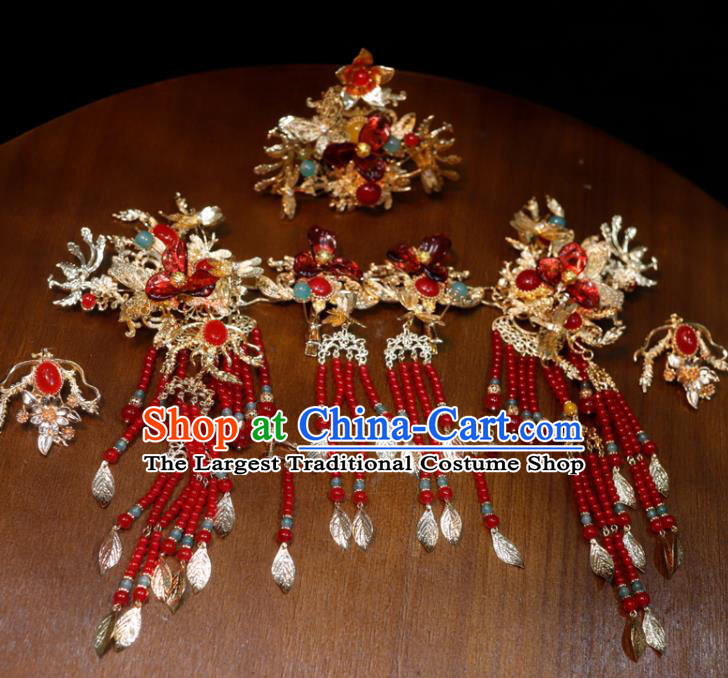 Chinese Handmade Tassel Hairpins and Hair Crown Classical Wedding Hair Accessories Ancient Bride Headpieces Xiuhe Suits Headdress