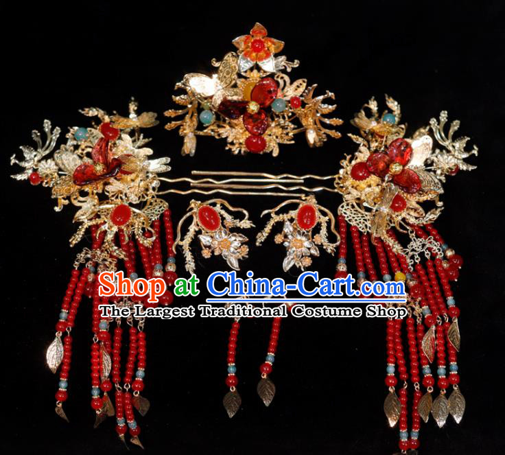 Chinese Handmade Tassel Hairpins and Hair Crown Classical Wedding Hair Accessories Ancient Bride Headpieces Xiuhe Suits Headdress