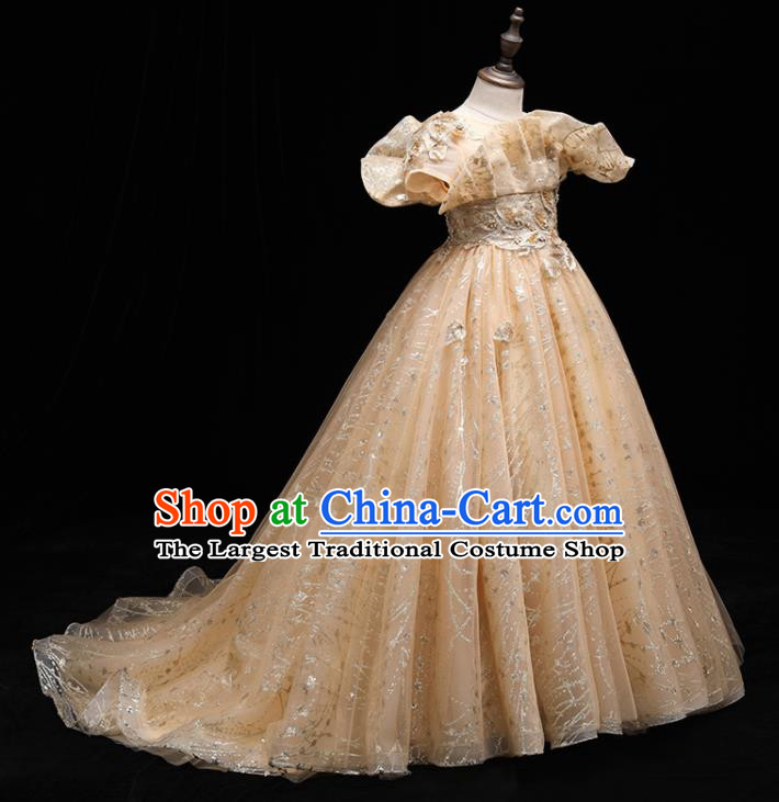 Top Catwalks Golden Trailing Evening Dress Girl Princess Fashion Garment Children Stage Show Formal Clothing