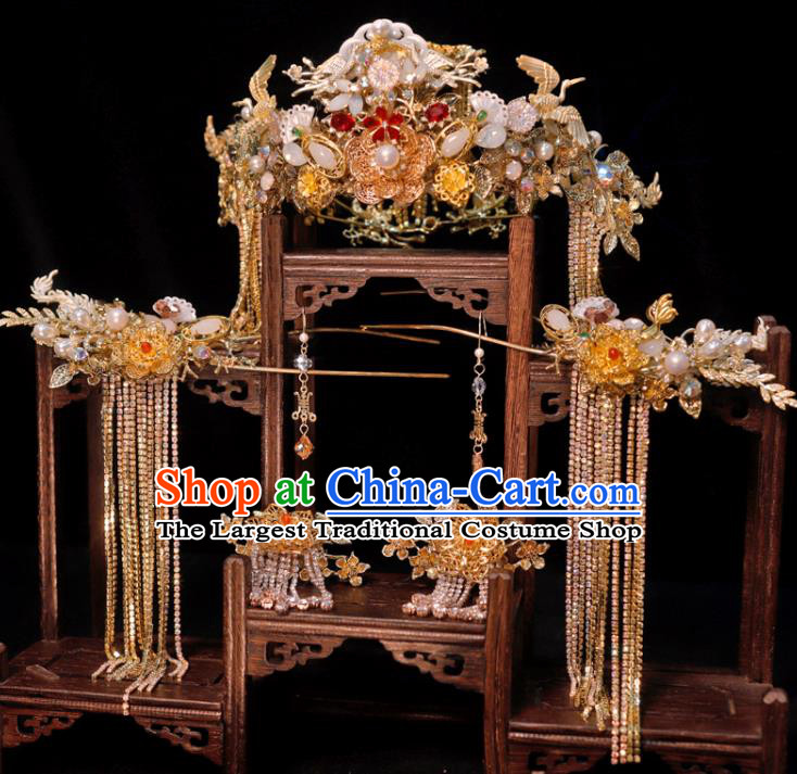 Chinese Ancient Bride Hair Crown and Tassel Hairpins Xiuhe Suits Headdress Handmade Phoenix Coronet Classical Wedding Hair Accessories