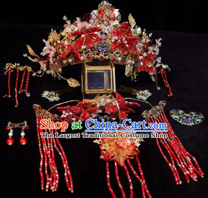Chinese Ancient Bride Red Tassel Hair Crown and Hairpins Classical Phoenix Coronet XiuHe Headdress Handmade Wedding Hair Accessories
