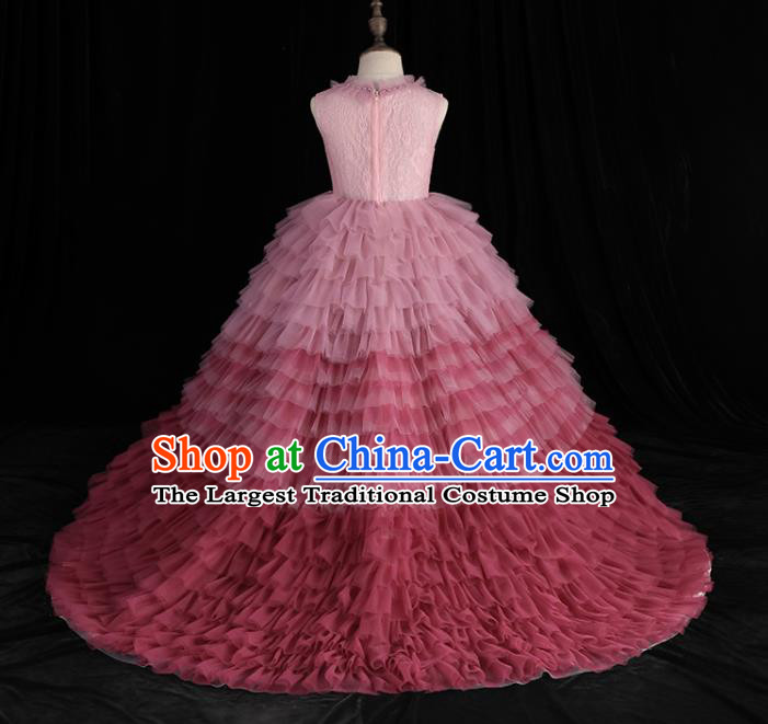 Top Girl Princess Performance Fashion Garment Children Stage Show Formal Clothing Catwalks Pink Veil Trailing Evening Dress