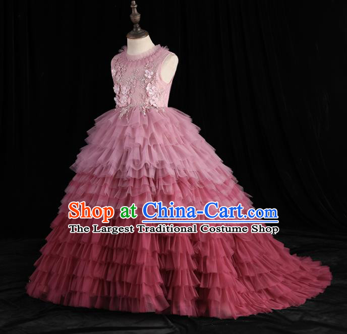 Top Girl Princess Performance Fashion Garment Children Stage Show Formal Clothing Catwalks Pink Veil Trailing Evening Dress
