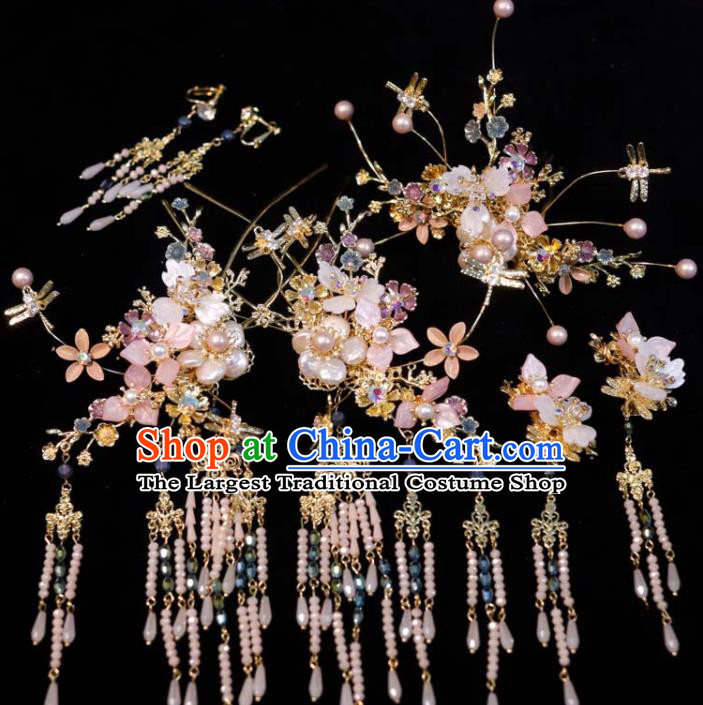 Chinese XiuHe Pearls Headpieces Handmade Wedding Hair Accessories Ancient Bride Hair Crown Classical Tassel Hairpins